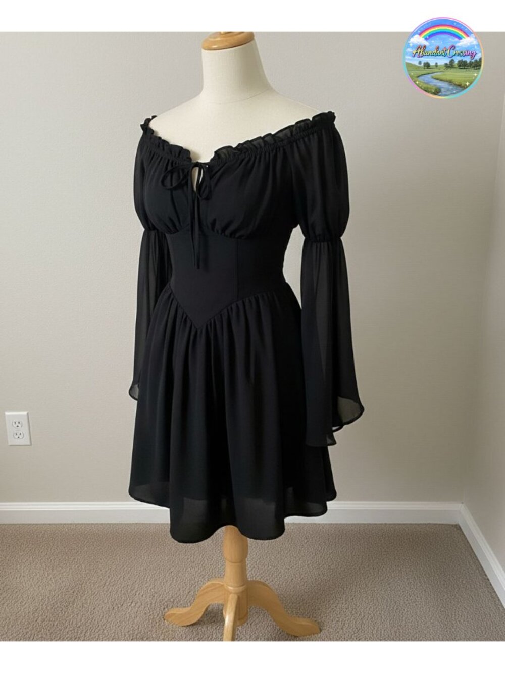 Renaissance Fairy Witchy Dress Pockets Chiffon Off Shoulder Bell Sleeve